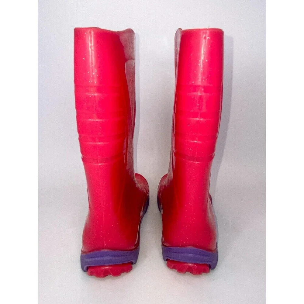 SKEEPER Size 32/1Y Black Slip-On Rain Boots w/Grip Soles Pink/Purple Rubber Boot